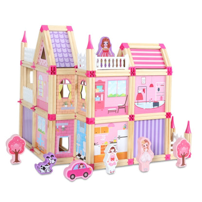 Children's wooden 3D dollhouse building set, pink-and-cream house with dolls and car