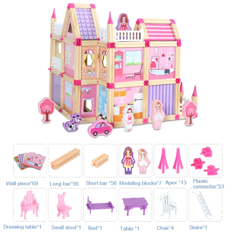 Children's wooden dollhouse building set with dolls, car, tree pieces and extra parts
