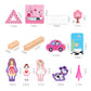 Mini accessory pieces for wooden dollhouse set: dolls, car, dog, trees, and wooden bars