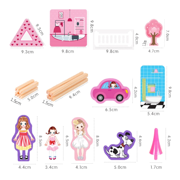 Mini accessory pieces for wooden dollhouse set: dolls, car, dog, trees, and wooden bars