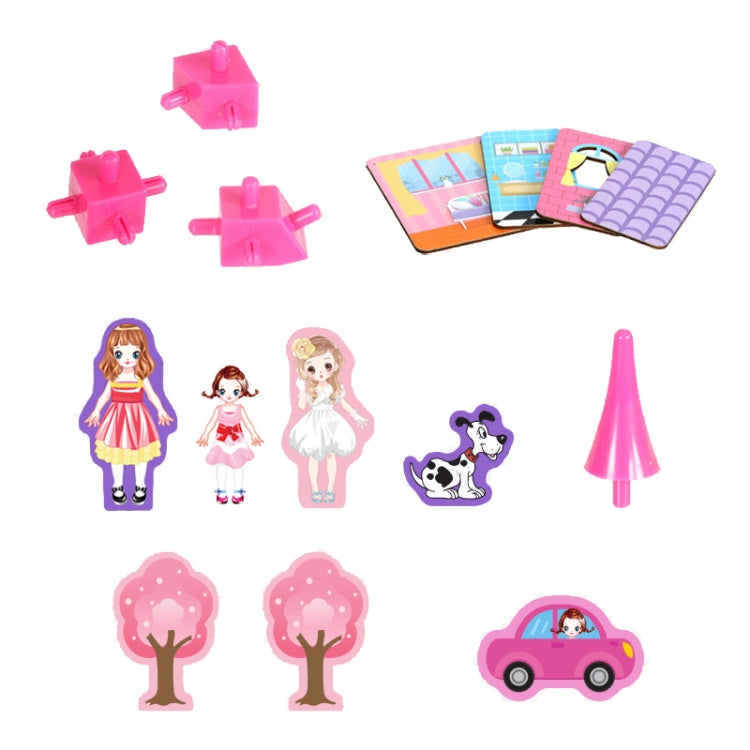 Wooden dollhouse accessory set with pink connectors, doll figures, dog, car, and trees