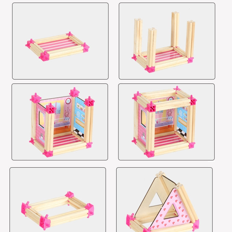 Wooden dollhouse building set with pink frame parts shown in step-by-step views
