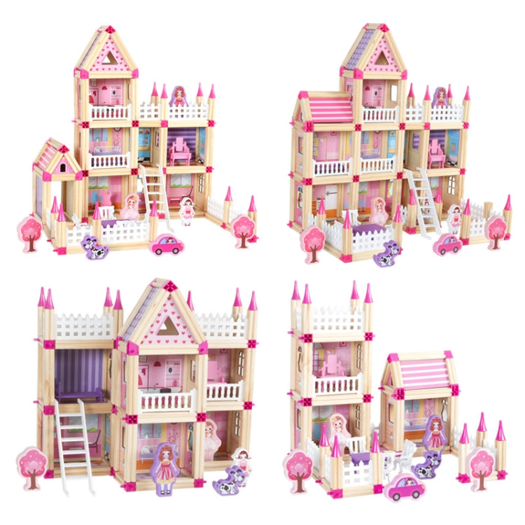 Assembled pink-and-cream wooden dollhouse with dolls, car, dog, and tree decorations