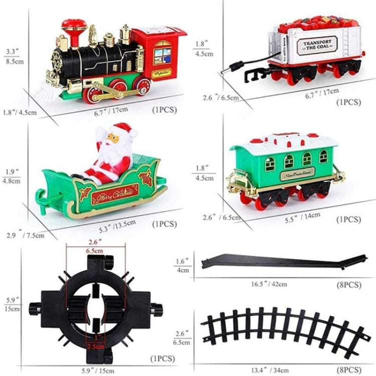 Assorted Christmas train car model parts diagram with locomotive, sleigh, tracks