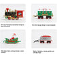 Four retro-style Christmas train rail cars: red locomotive, green car, sleigh, coal cart