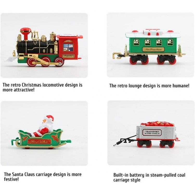 Four retro-style Christmas train rail cars: red locomotive, green car, sleigh, coal cart