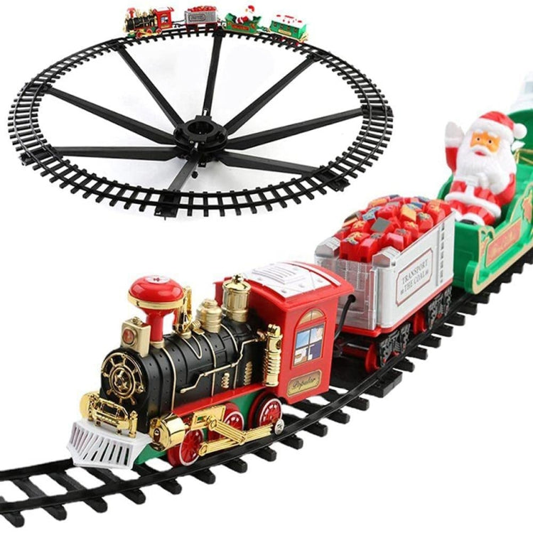 Red and black Christmas steam locomotive rail car model on black track