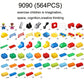 Children’s building block set pieces shown in small colored parts layout