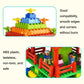 ABS building block set with sample pieces and seated minifigures behind fence