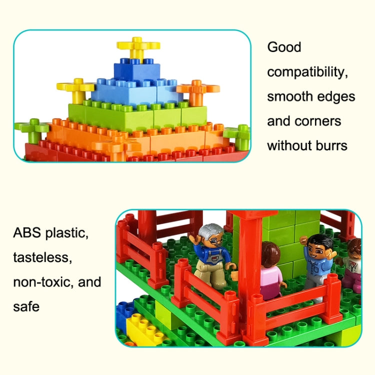 ABS building block set with sample pieces and seated minifigures behind fence