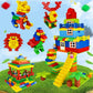 Colorful building block set with house, figures, and accessories on a play base