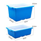Blue plastic storage bin with clear lid and size measurements for stacking