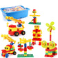 Building block vehicle and character set with colorful pieces and storage bin