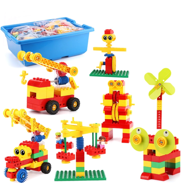 Building block vehicle and character set with colorful pieces and storage bin