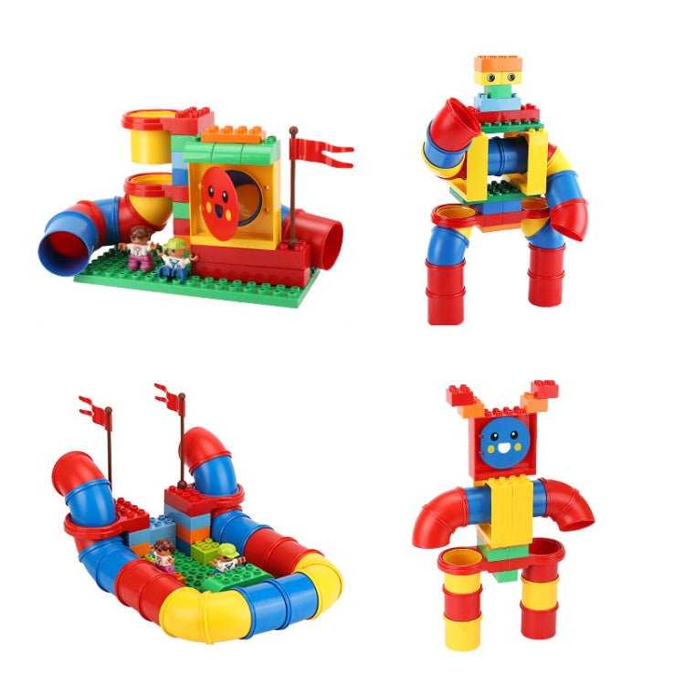 Red and blue building block robot and vehicle models on white background