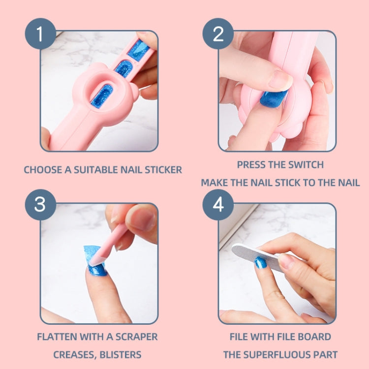 Nail sticker machine kit showing choose, press, flatten, and file steps