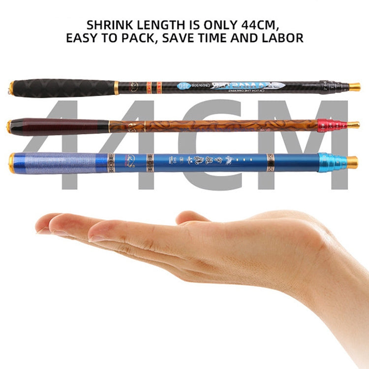 Blue fishing rod section with gold band detail, shown with hand for scale