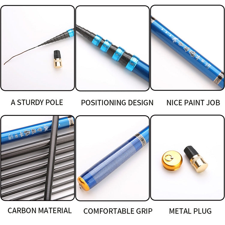Blue fishing rod with carbon grip, metal plug, and positioning ring details