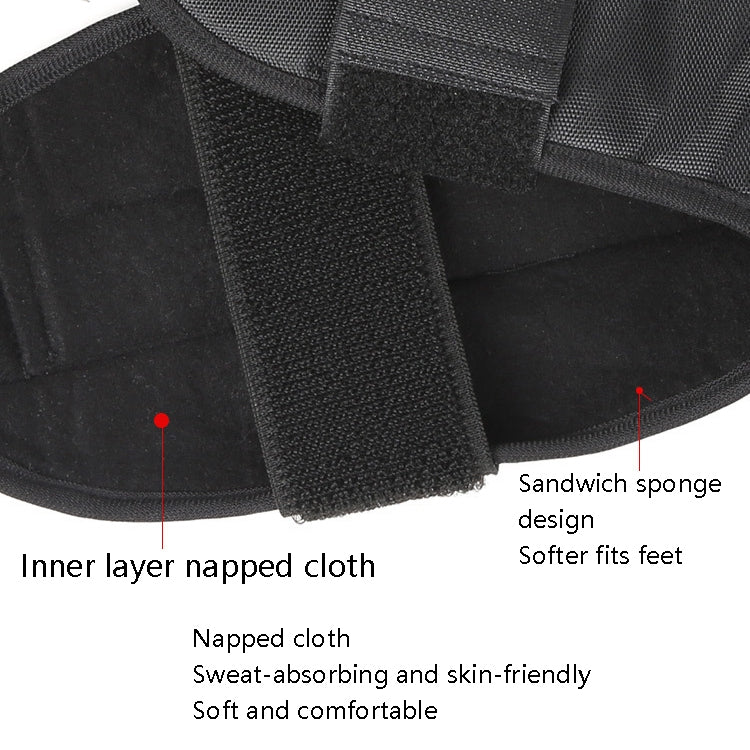 Close-up of black padded inner layer and outer fabric straps on foot brace