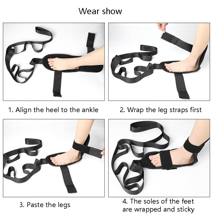 Black foot brace belt shown during strap alignment and leg wrapping steps