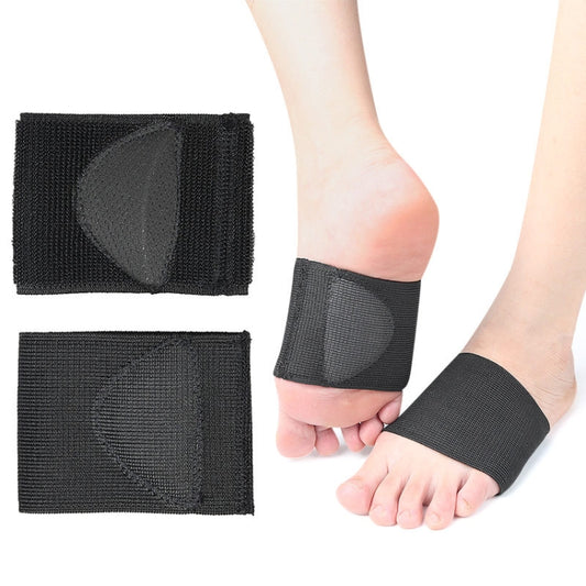 Black elastic half foot pad with arch insert, worn on a foot