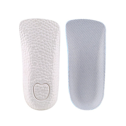 Pair of breathable half pad exercise insoles, white and light blue, textured grippy surface