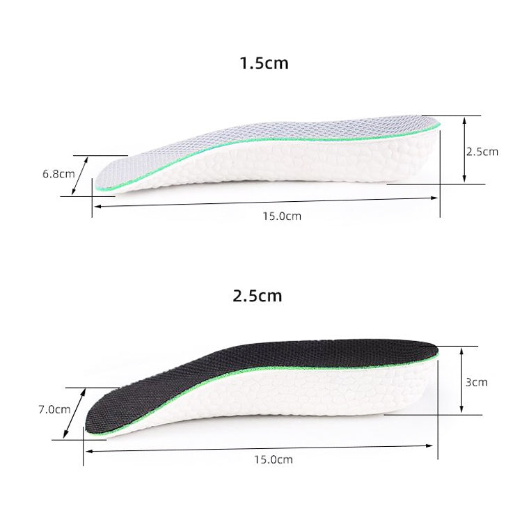 Half pad insole side profile with thickness measurements for 1.5 cm and 2.5 cm