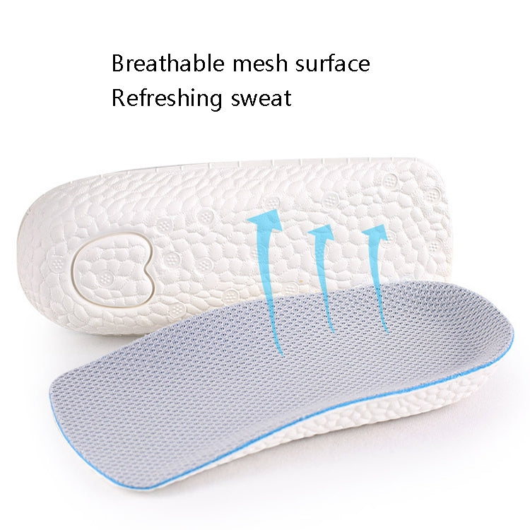 Breathable half pad insole pair with textured cushioning and mesh top, white and light blue