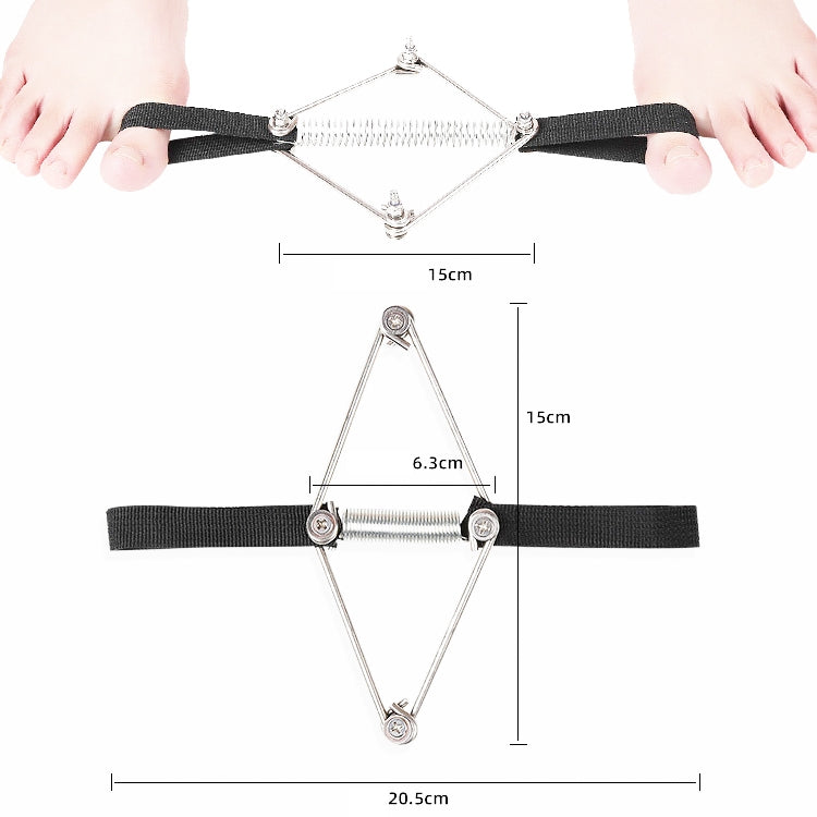 Toe corrector brace with black strap and silver metal spring; dimensions shown