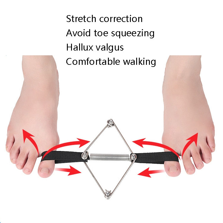 Toe corrector brace with black strap and silver spring; red arrows show toe alignment