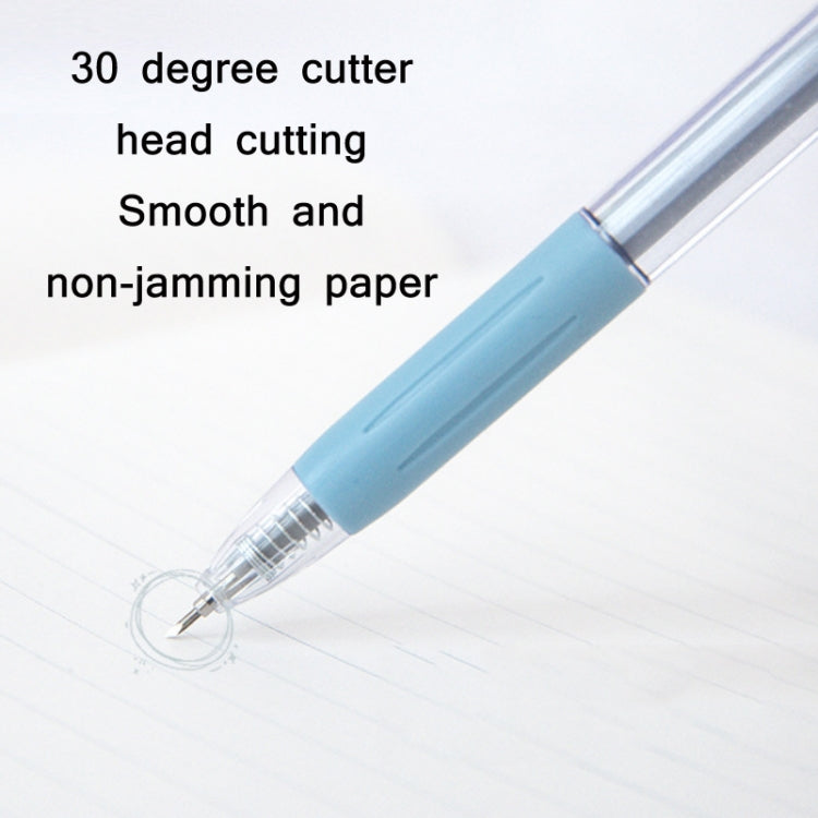 Close-up of blue pen knife tip with metal blade for paper cutting