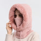 Pink knit hood scarf face mask with fluffy faux-fur trim, covers face and neck