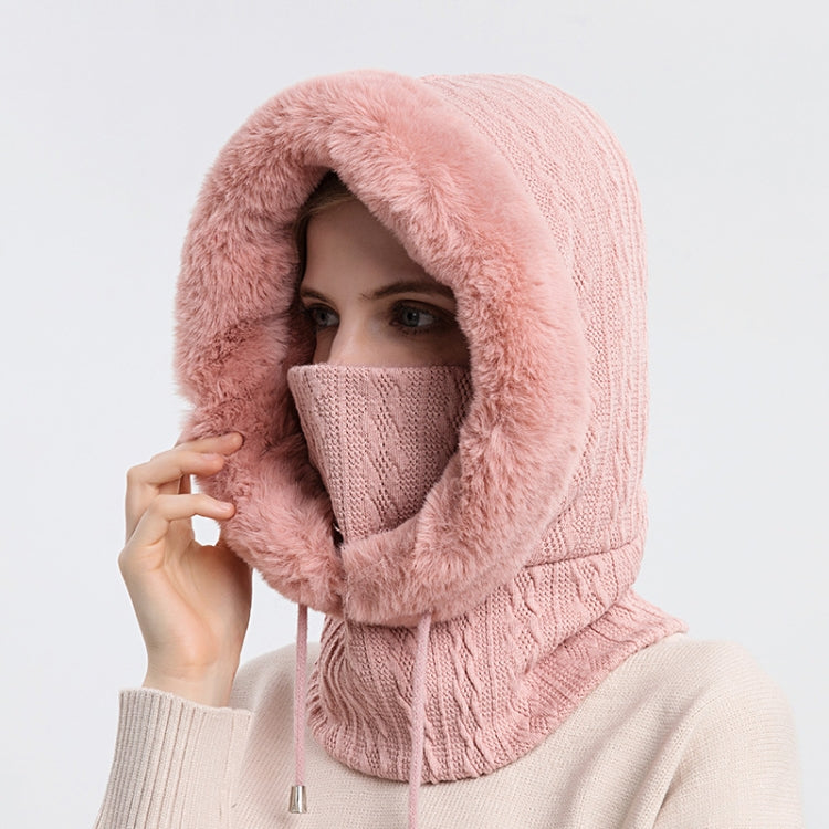 Pink knit hood scarf face mask with fluffy faux-fur trim, covers face and neck
