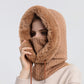 Camel-brown knit hood scarf face mask with faux-fur trim, covers face and neck