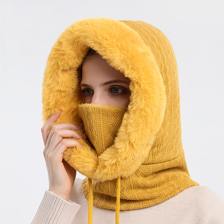 Yellow knit hood scarf face mask with faux-fur trim, covers face and neck