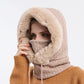 Beige knit hood scarf face mask with faux-fur trim, covers face and neck