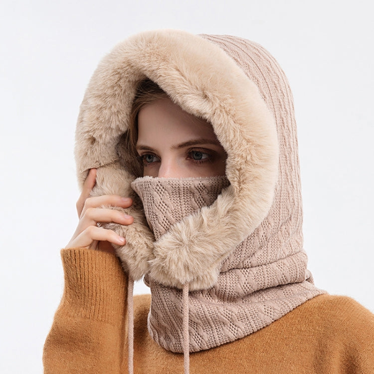 Beige knit hood scarf face mask with faux-fur trim, covers face and neck