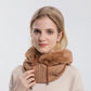 Hooded face mask scarf with cable-knit mask panel and faux-fur collar, tan