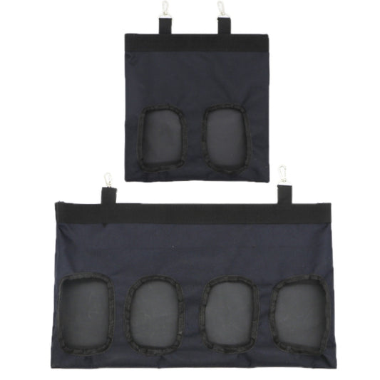 Set of black hanging hay storage bags showing two- and four-pocket designs with hooks