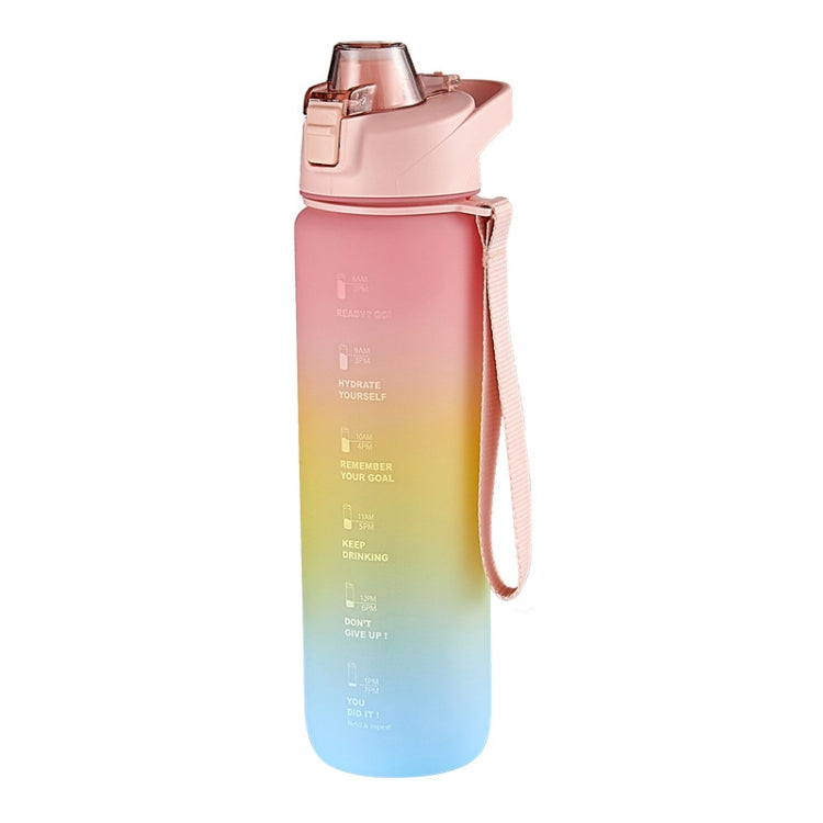 Cherry pink and sky blue gradient sports water bottle with flip spout and wrist strap