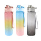 Three gradient sports water bottles in cherry pink, sky blue, and silver gray with straps