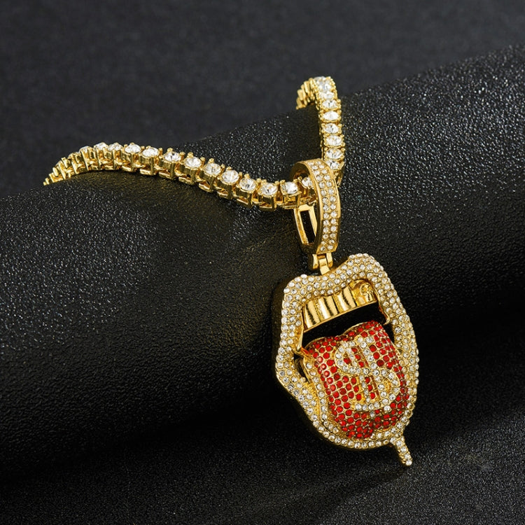 Gold rhinestone lips tongue pendant necklace with red enamel, single-row chain.