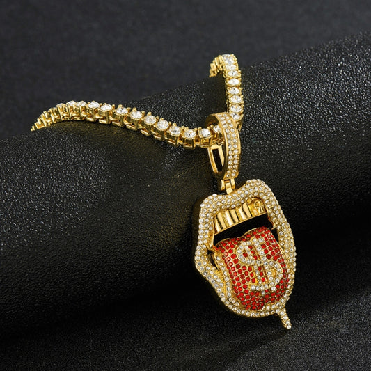 Gold rhinestone lips tongue pendant necklace with red enamel, single-row chain.