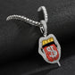 Silver rhinestone lips tongue pendant necklace with red enamel, single-row chain.