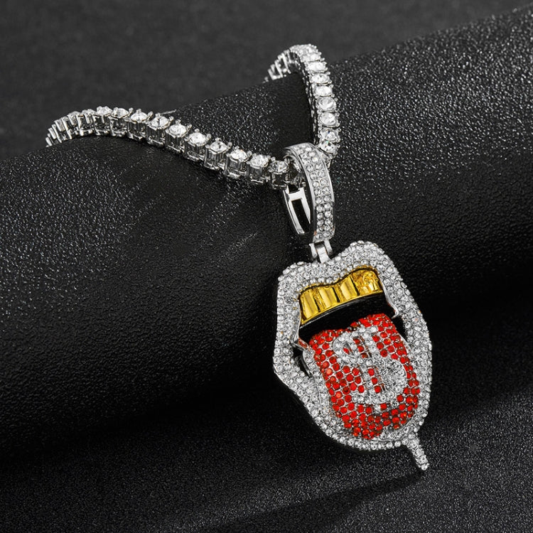 Silver rhinestone lips tongue pendant necklace with red enamel, single-row chain.