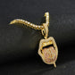 Gold rhinestone lips tongue pendant necklace with red enamel charm, close-up.