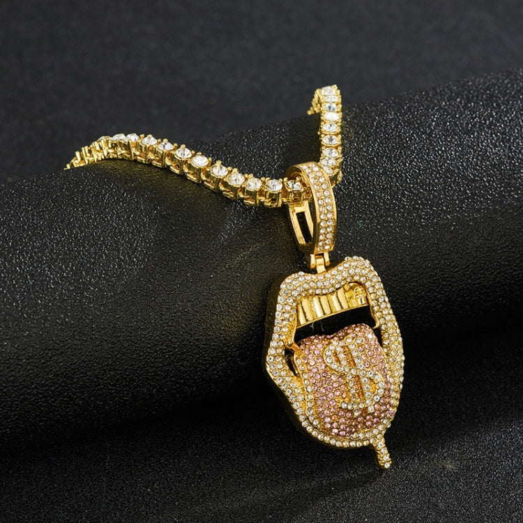 Gold rhinestone lips tongue pendant necklace with red enamel charm, close-up.