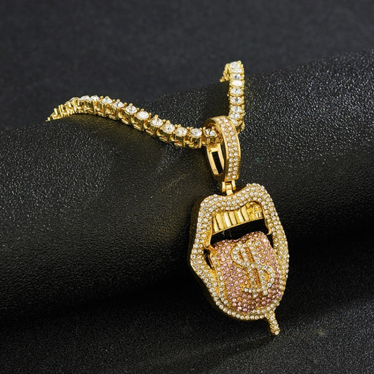 Gold rhinestone lips tongue pendant necklace with red enamel charm, close-up.