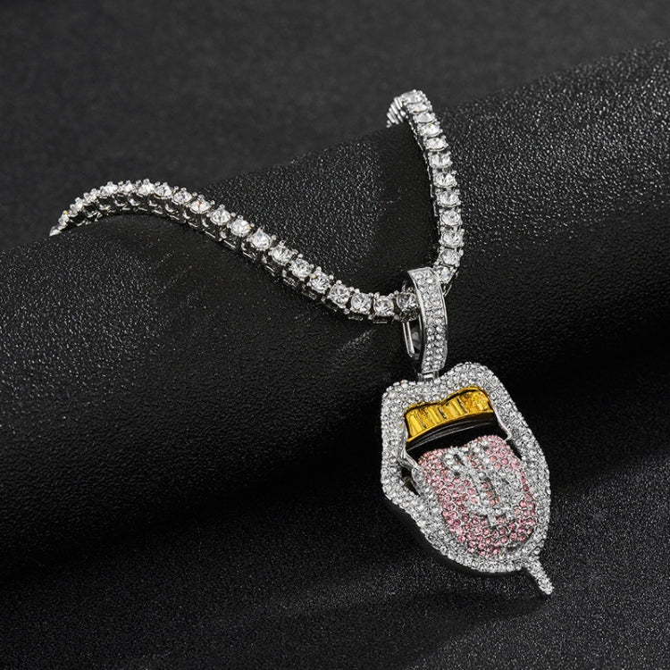 Silver rhinestone lips tongue pendant necklace with red enamel charm, close-up.