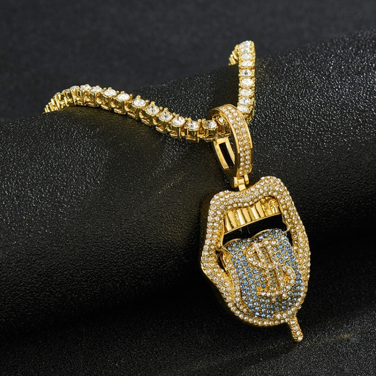 Gold rhinestone lips tongue pendant necklace with blue enamel detail, single-row chain.